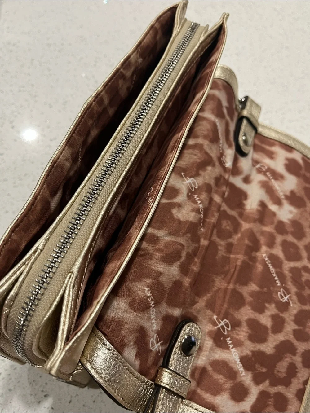 Vintage B. Makowsky Metallic Gold Leather Shoulder Bag: Leopard Print Interior